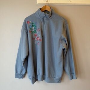 Vintage fleece quarter zip blue embroidered retro holiday Christmas sweater
